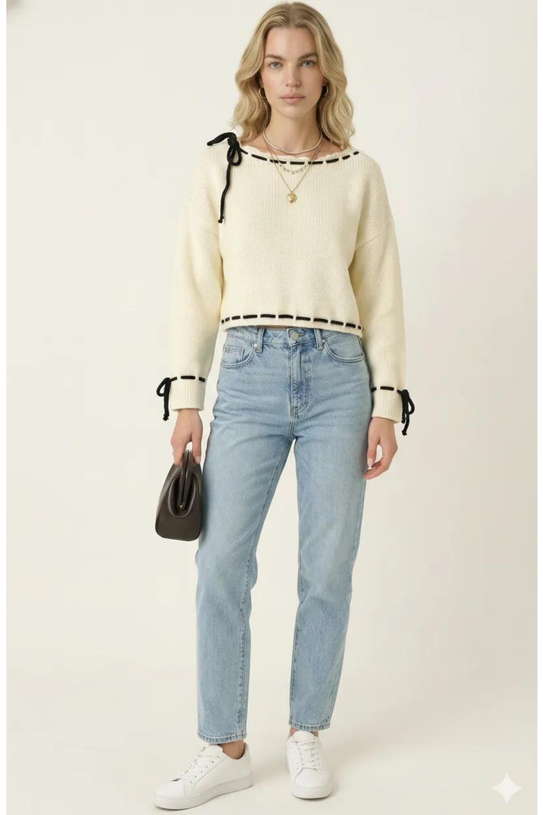 Contrast Tie Scalloped Boat Neck Cropped Hem Knit Sweater, Alternate, color, Ivory