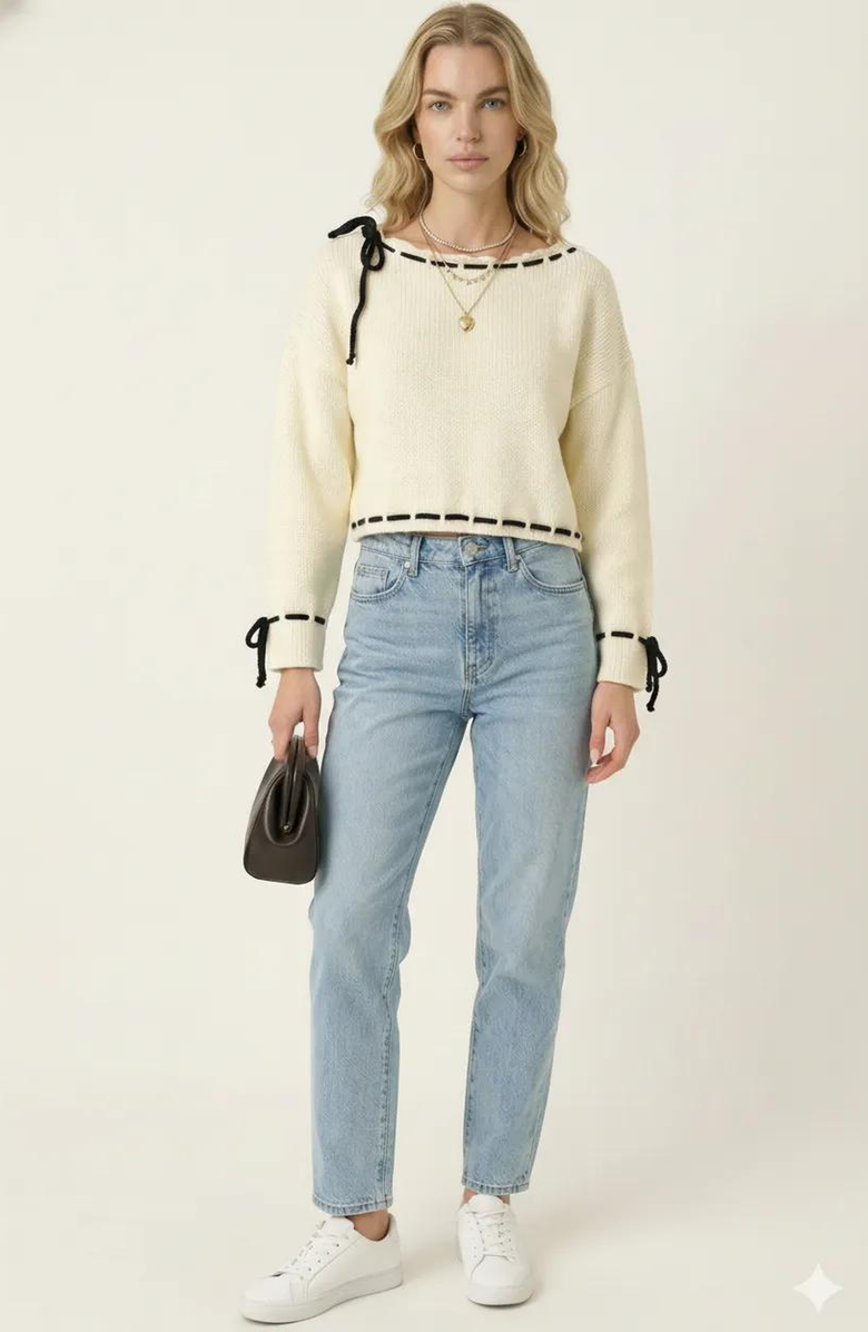 Modenaire Contrast Tie Scalloped Boat Neck Cropped Hem Knit Sweater, Alternate, color, Ivory