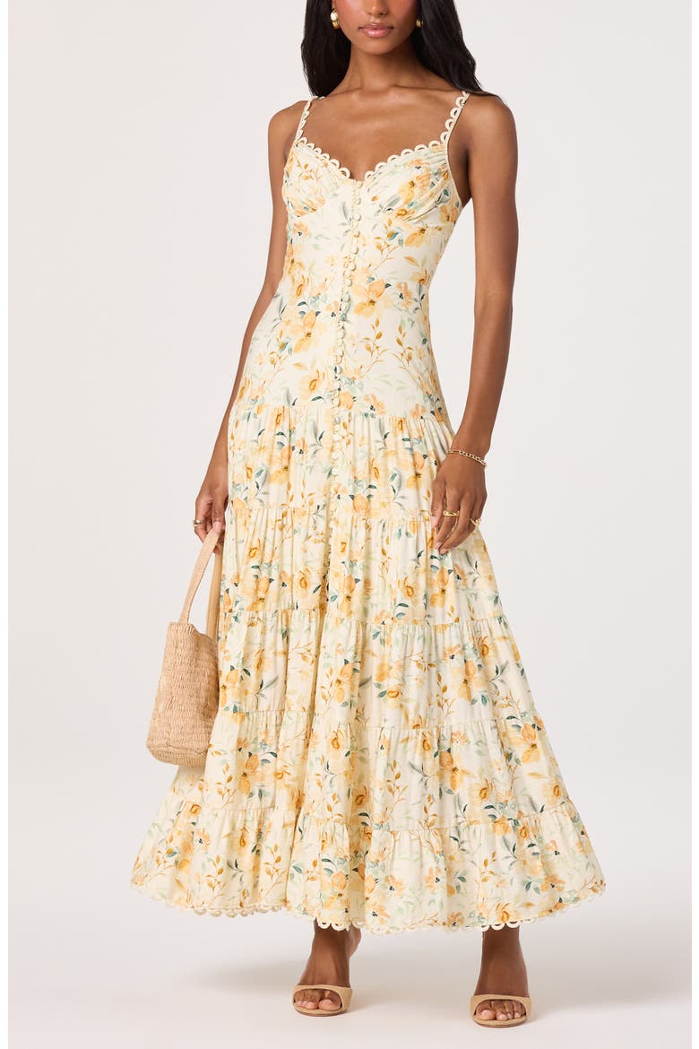 Tazia Floral Tiered Midi Dress, Alternate, color, YELLOW CREAM FLORAL
