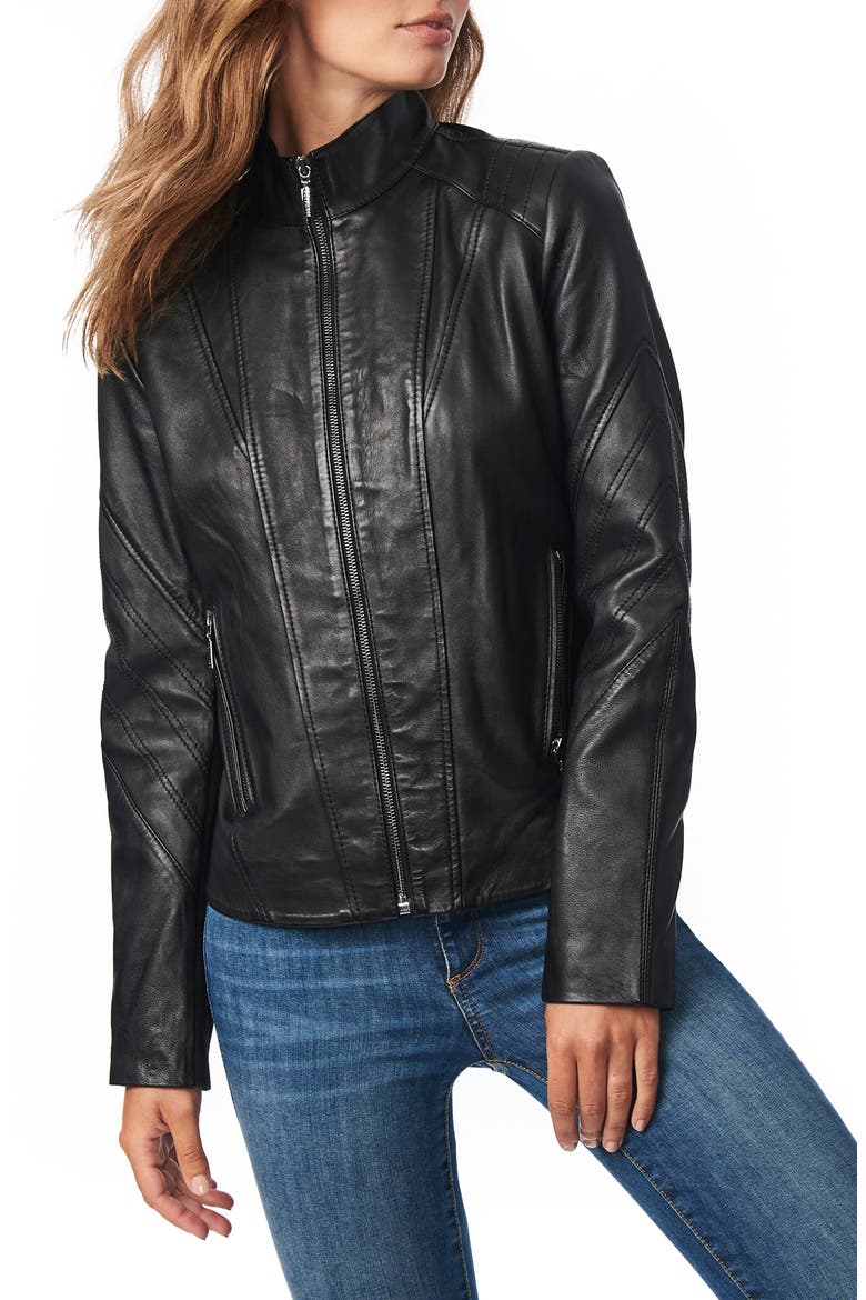 Chevron Sleeve Sheepskin Leather Moto Jacket, Alternate, color, BLACK