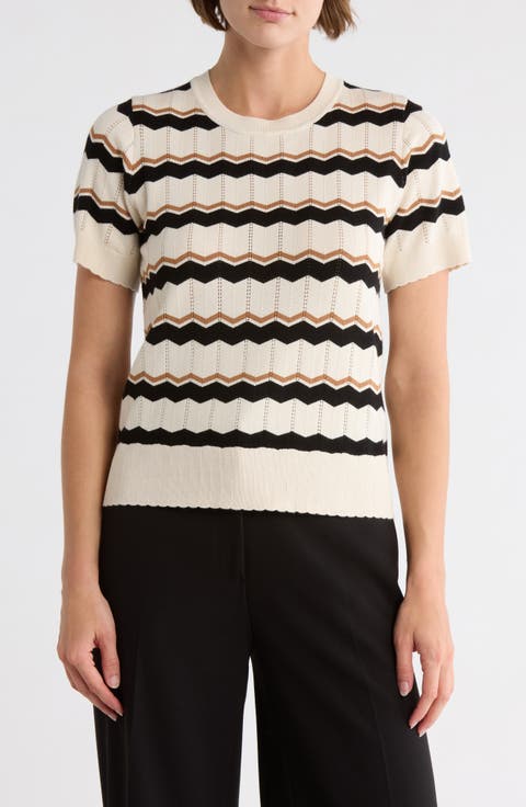 Wavy Stripe Pointelle Short Sleeve Sweater