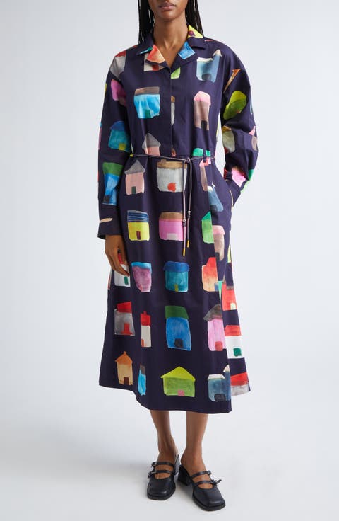 House Print Cotton Shirtdress