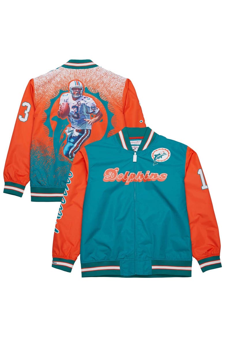 Men's Mitchell & Ness Dan Marino Aqua Miami Dolphins Retired Player Graphic Full-Zip Satin Jacket, Main, color, Aqua