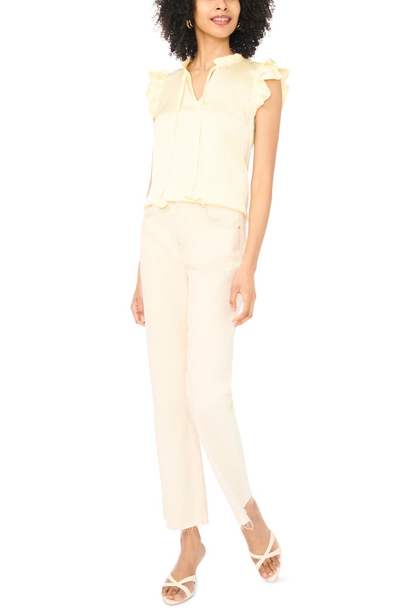 Vince Camuto Flutter Sleeve Tie Neck Top, Alternate, color, Pale Lemon