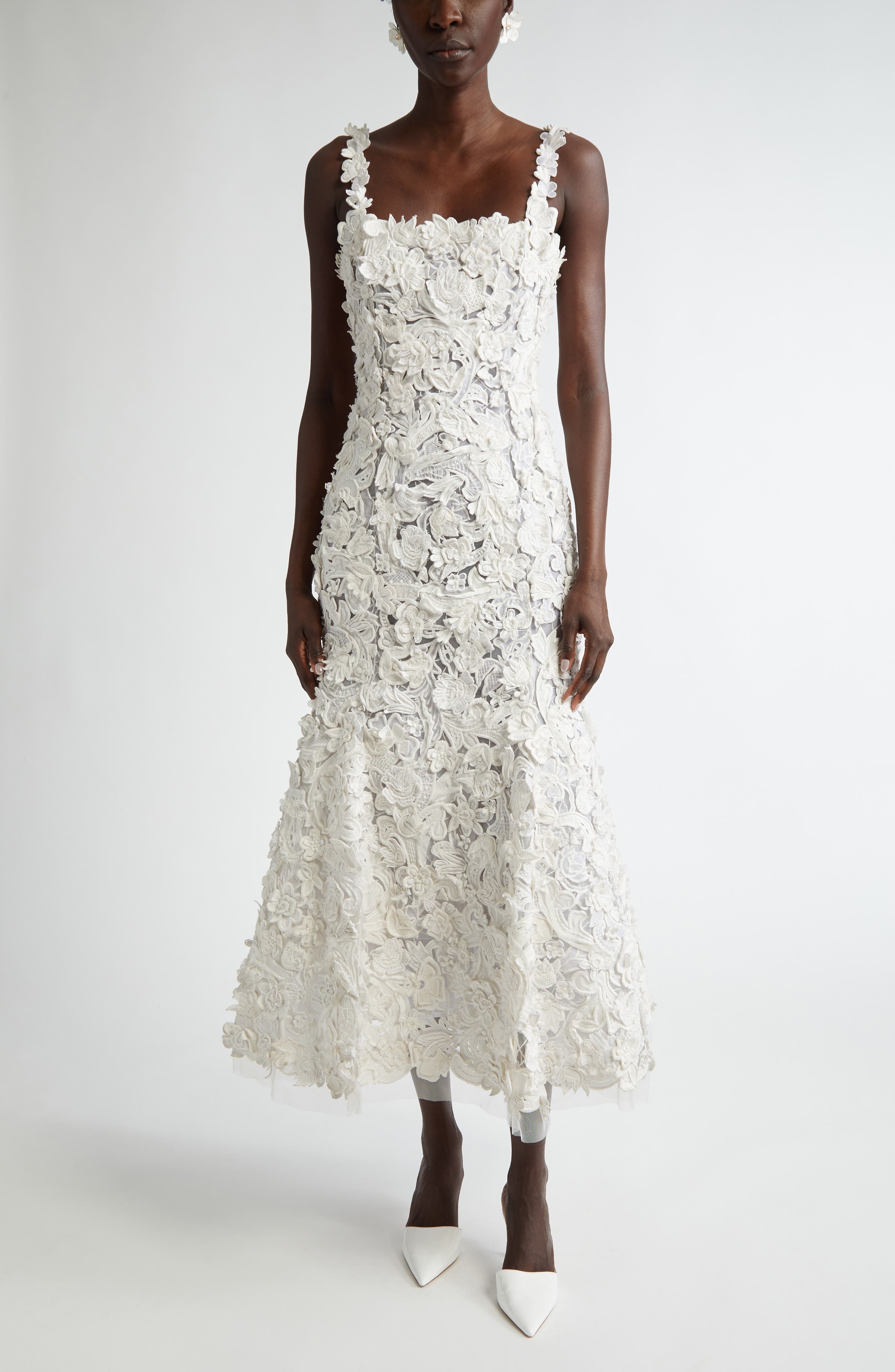 Carolina Herrera Floral Appliqué Trumpet Midi Dress In White