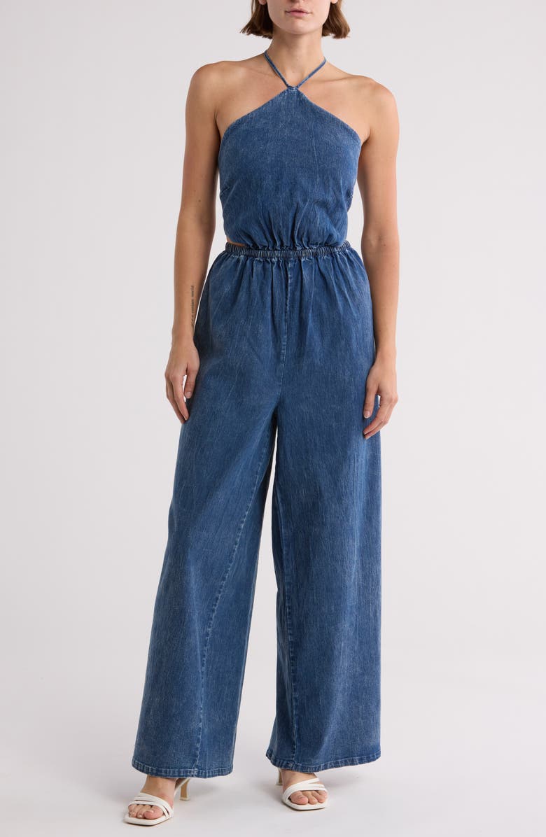LUMIERE Halter Neck Denim Jumpsuit, Main, color,