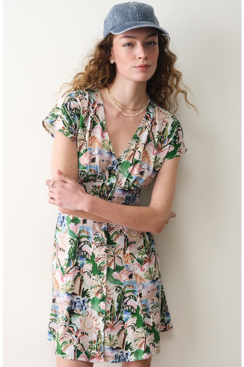 Camila Print Button Front Hemp Blend Minidress, Alternate, color, WATERCOLOR PALM
