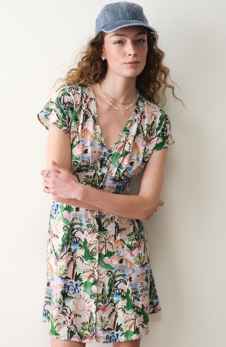 Marine Layer Camila Print Button Front Hemp Blend Minidress, Alternate, color, Watercolor Palm