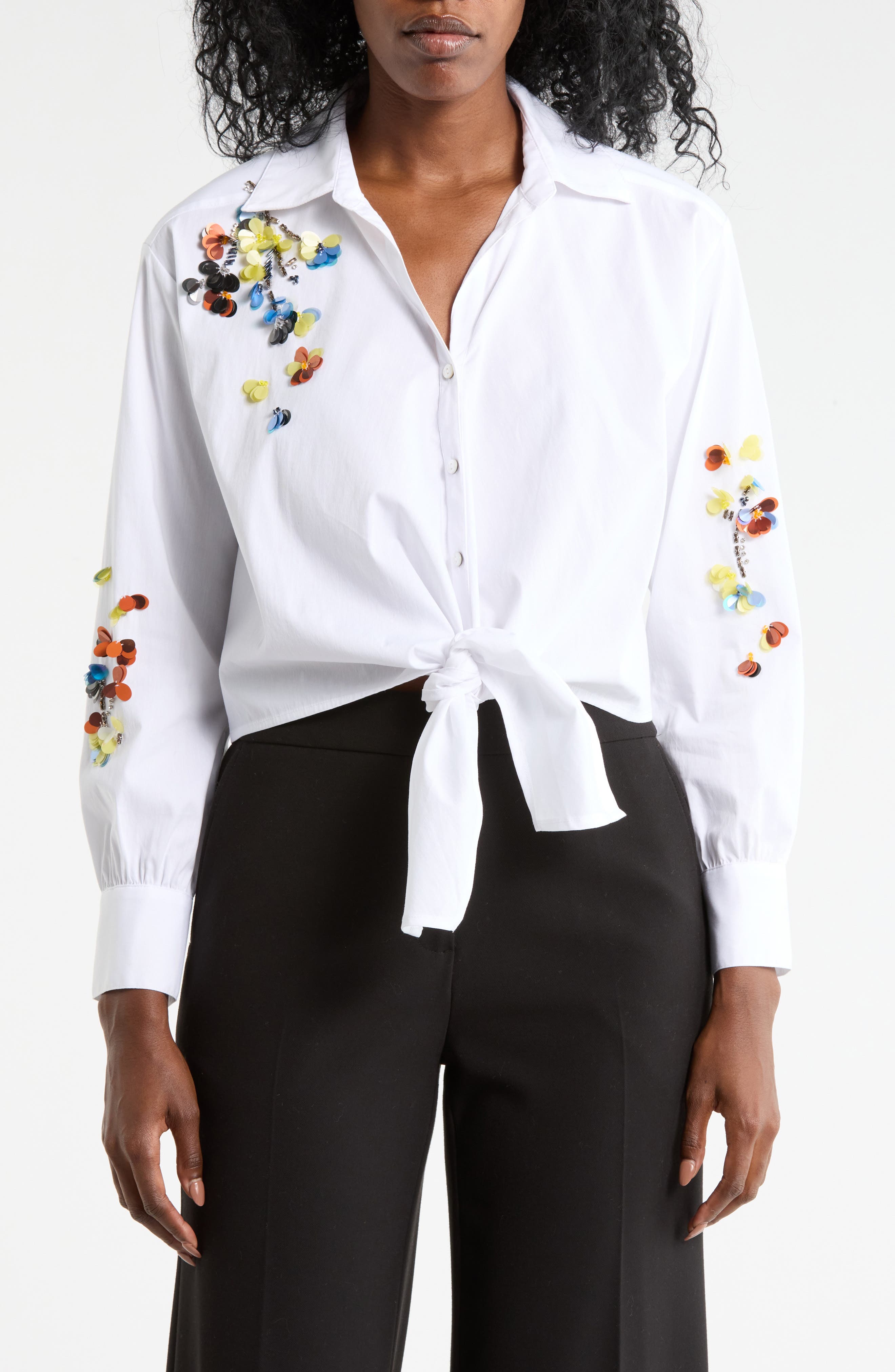 ELIE ELIE TAHARI Sequin Flower Long Sleeve Top