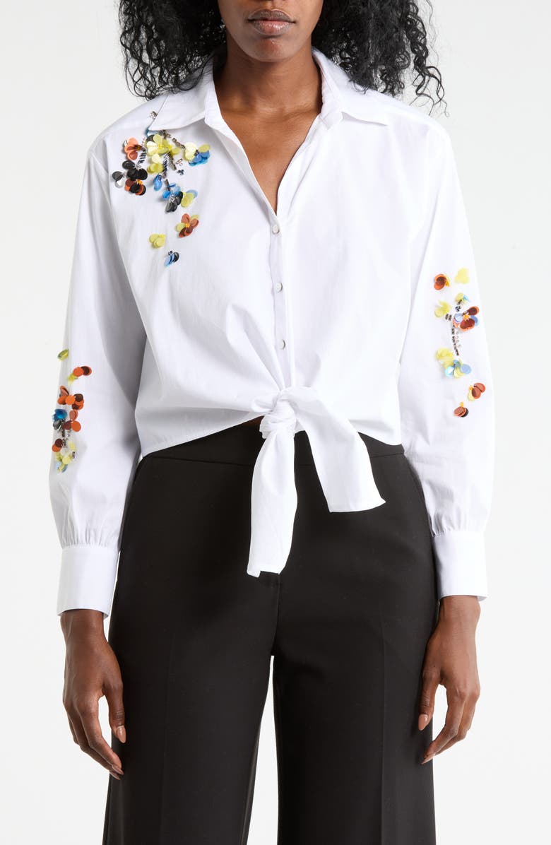 ELIE ELIE TAHARI Sequin Flower Long Sleeve Top, Main, color, White