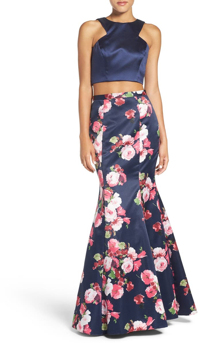 Xscape Evenings Xscape Floral Satin Two-Piece Ballgown, Main, color, 