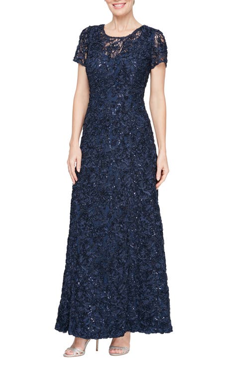 Sequin Soutache Short Sleeve A-Line Gown