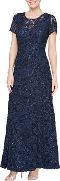 Alex Evenings Sequin Soutache Short Sleeve A-Line Gown
