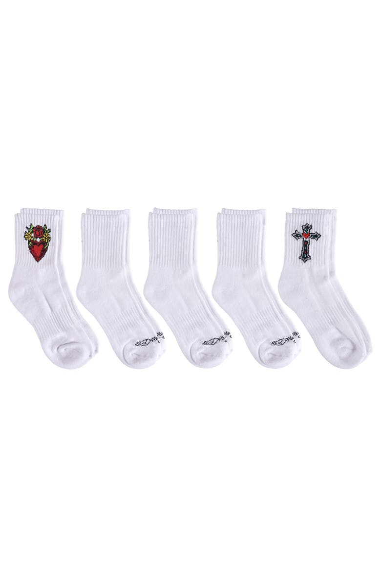 Heart Print Half Cushion Mid Crew Sock 5-Pack, Alternate, color, White