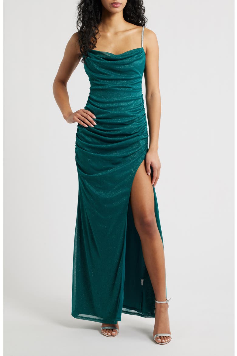 Metallic Rhinestone Strap Gown, Main, color, HUNTER