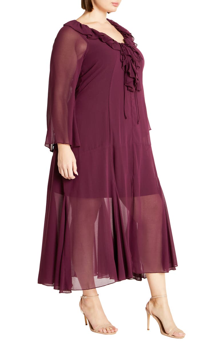 City Chic Vamp Ruffle Long Sleeve Maxi Dress, Alternate, color, Plum