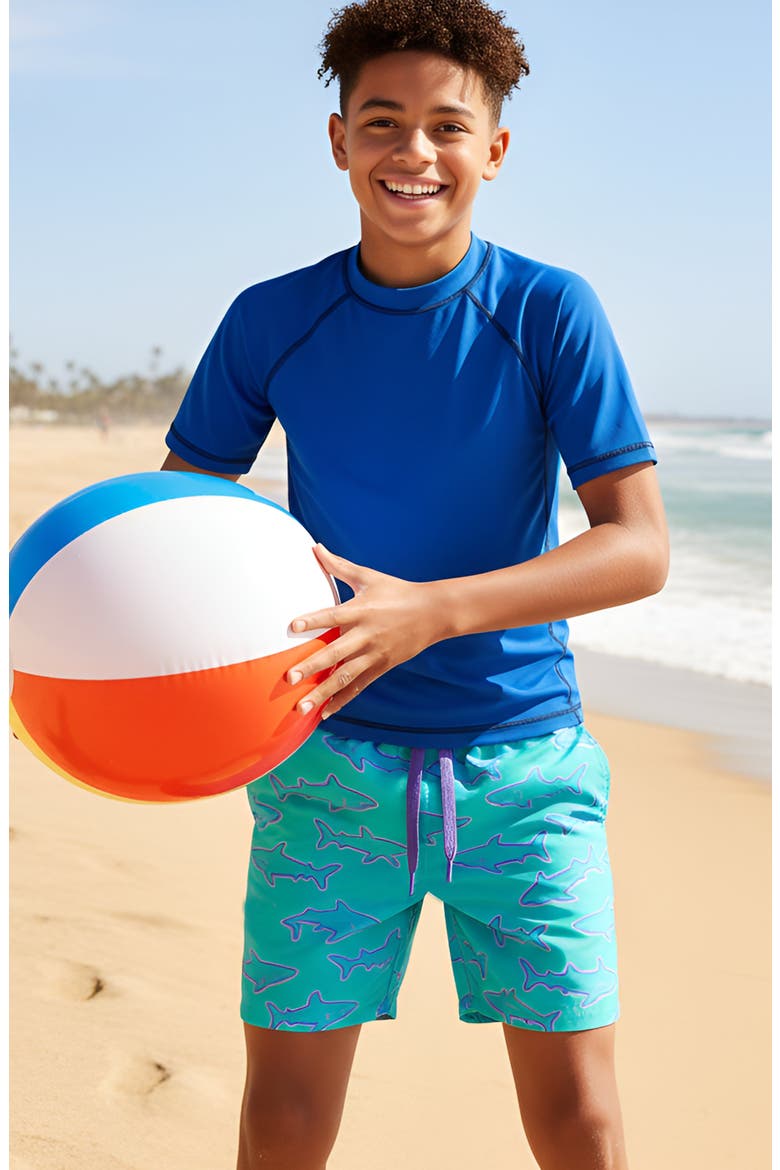 Boys Neon Sharks Print Board Shorts, Alternate, color, Multicolor