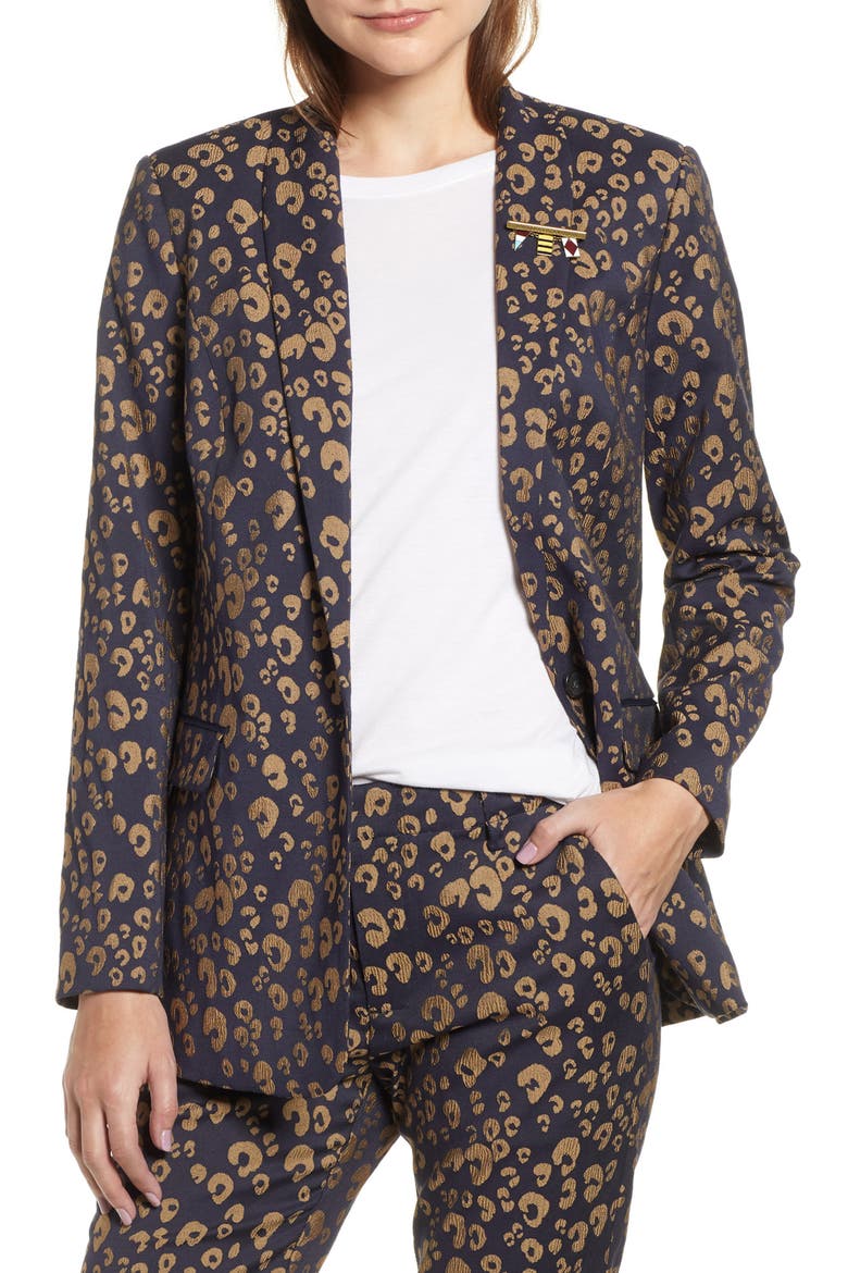 Stretch Jacquard Tailored Blazer, Main, color, NAVY W/ GOLD LEOPARD PRINT