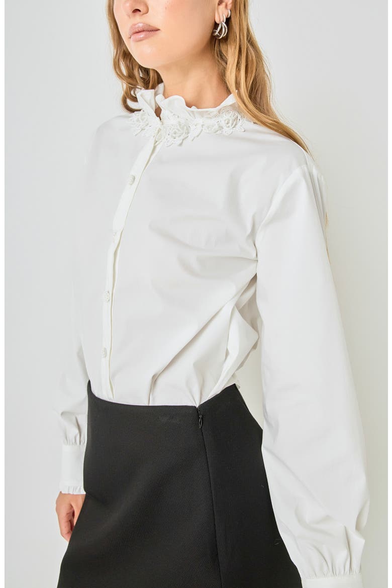 Pearl Embellished Ruffle Collar Shirt, Alternate, color, OFF WHITE