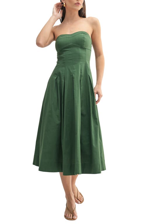 Mila Mae Strapless Stretch Cotton A-line Midi Dress In Dark Green