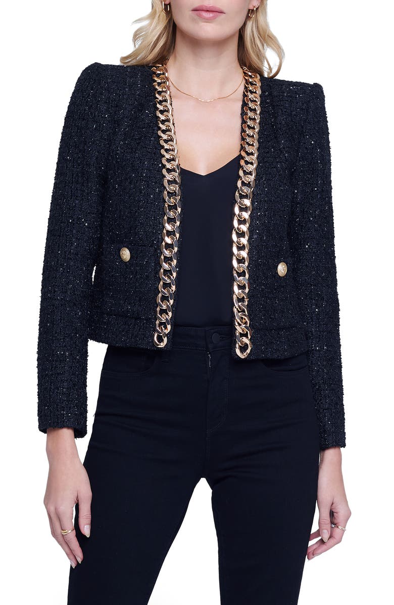 L'AGENCE Greta Chain Detail Sequin Tweed Jacket, Main, color,