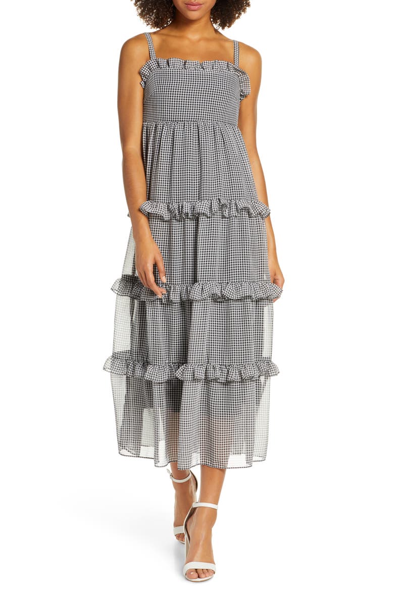 Sunday Girl Frill Check Chiffon Midi Sundress, Main, color, BLACK AND WHITE