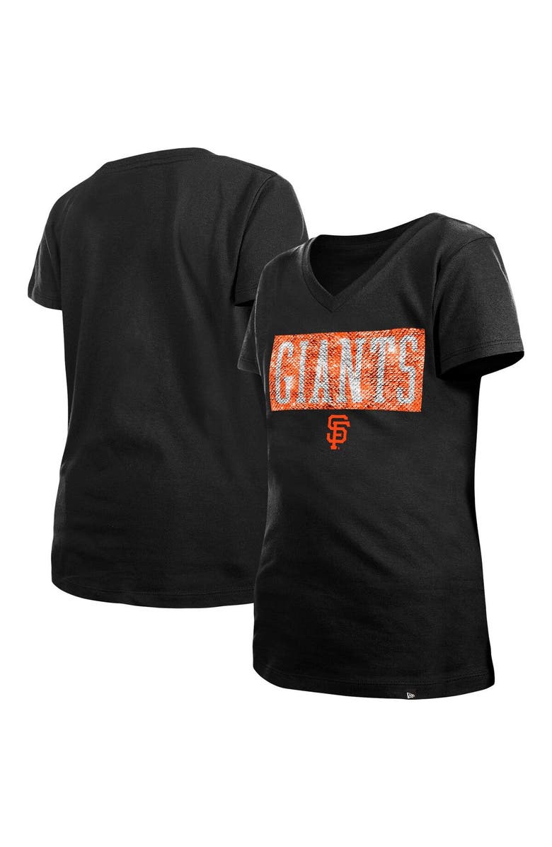 New Era Girls Youth New Era Black San Francisco Giants Flip Sequin Team V-Neck T-Shirt, Main, color, Black