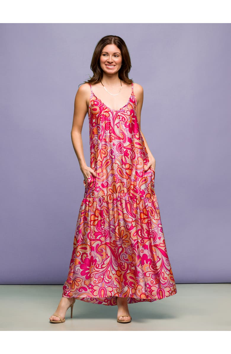 24seven Comfort Apparel Pink Print Lightweight Spaghetti Strap Pocket Maxi Dress, Alternate, color, Pink Multi