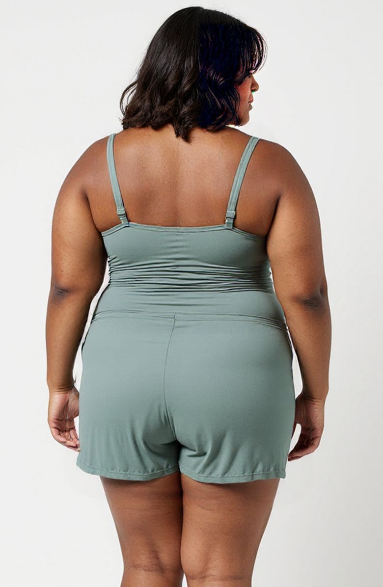 Calysa Plus Size Ivy Short Swim Romper With Built-In Bra and Hidden Shorts, Alternate, color, Sage Green