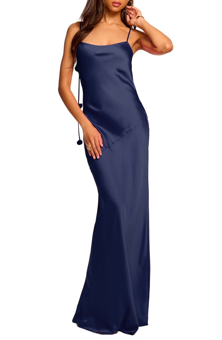 Ramy Brook Hansel Rosette Satin Slipdress, Main, color, Navy