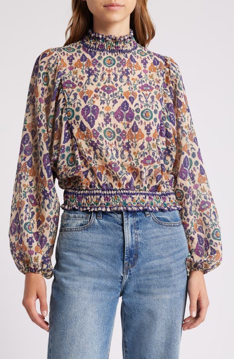 Duchess Ikat Print Smocked Waist Blouson Top