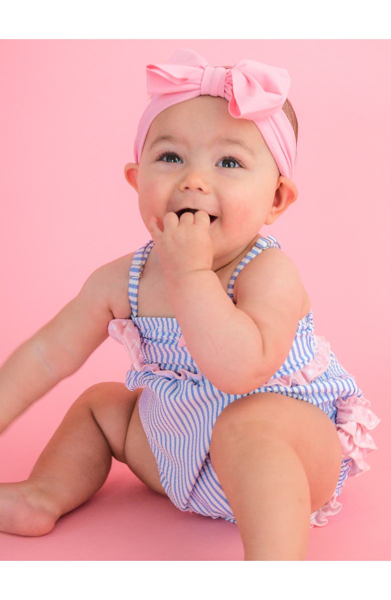 RuffleButts UPF50+ Seersucker One Piece Bow Bubble Romper Swimsuit, Alternate, color, Periwinkle Blue Seersucker