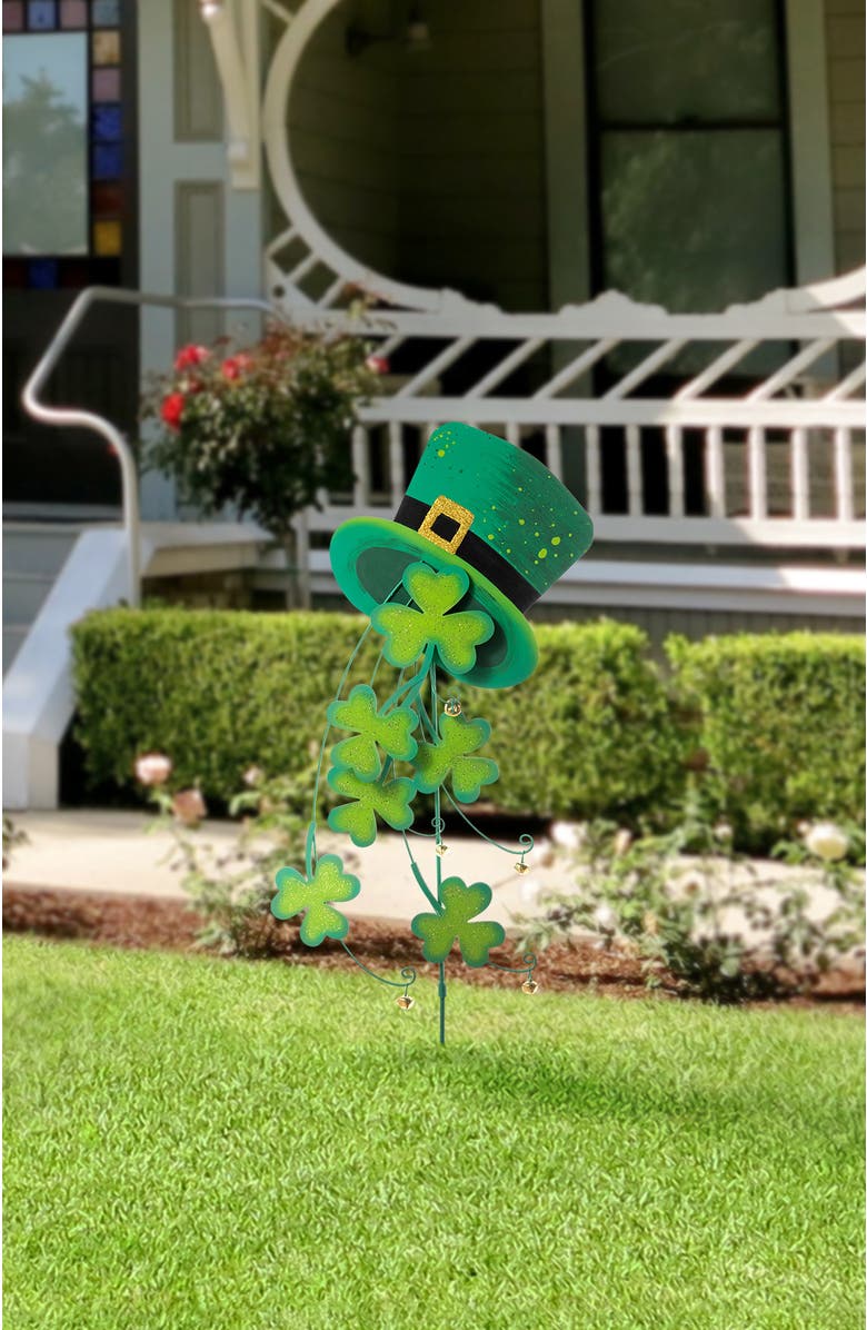 Glitzhome St. Patrick's Metal Leprechaun Hat Shamrocks Yard stake, Alternate, color, Green