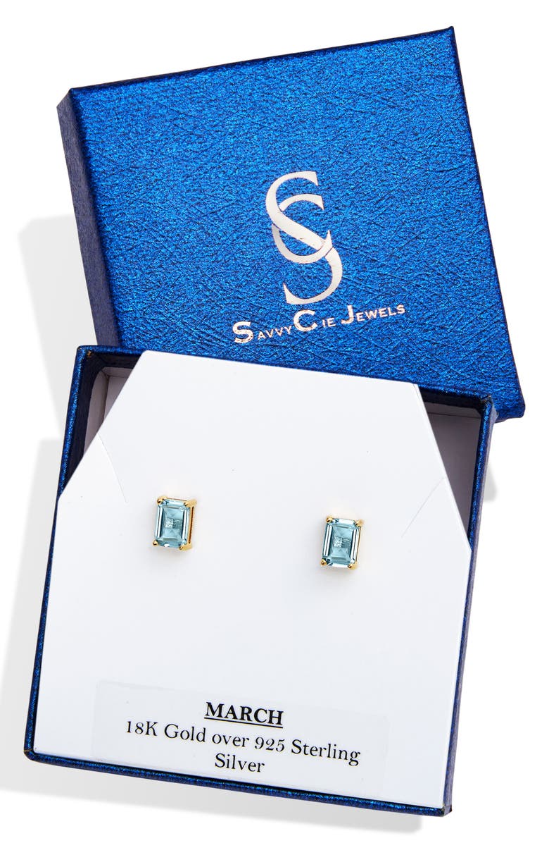 SAVVY CIE JEWELS Vermeil Sterling Silver Emerald Cut CZ Box Stud Earrings, Alternate, color, Aquamarine - March