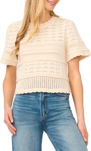 CeCe Mixed Pointelle Stitch Cotton Sweater