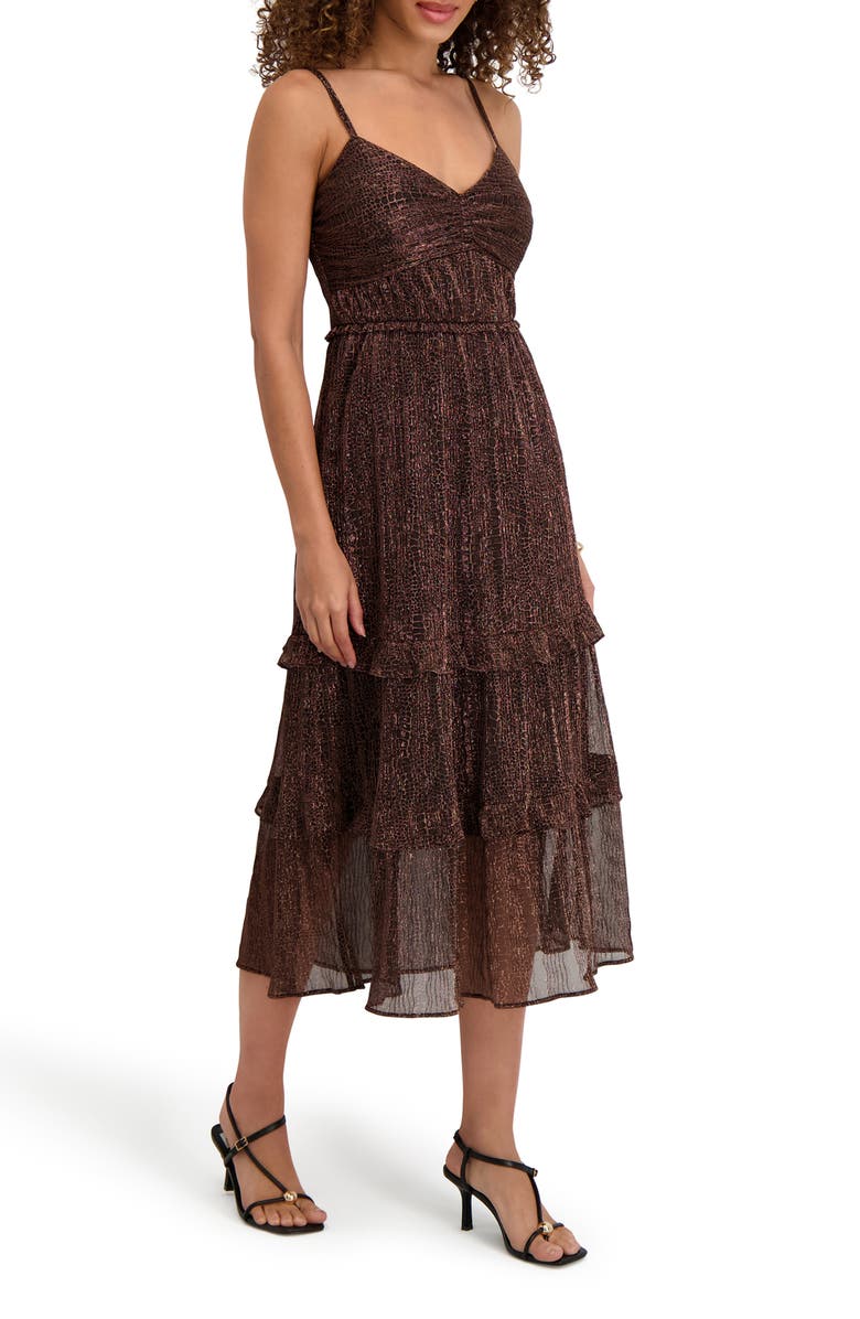 Kensie Shimmer Tiered Midi Dress, Alternate, color, Copper
