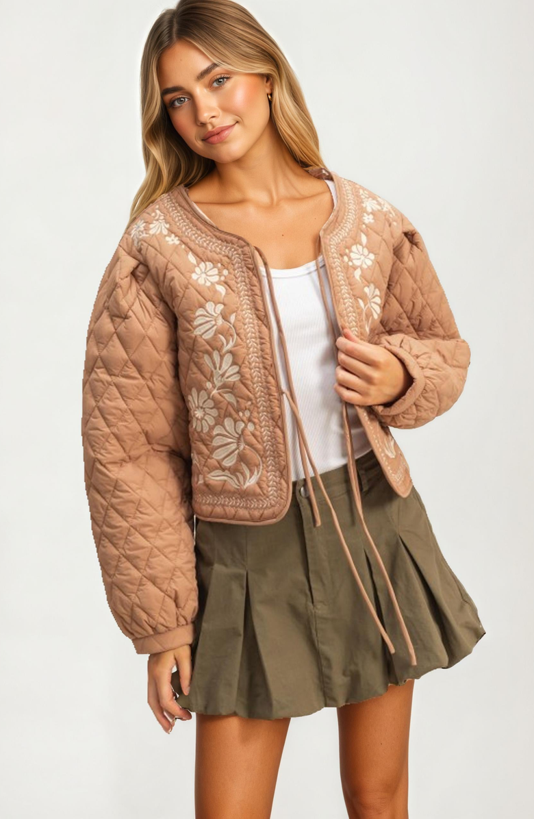 Knit and Lounge Quilted Floral Embroidered Tie Front Jacket, Alternate, color, Tan