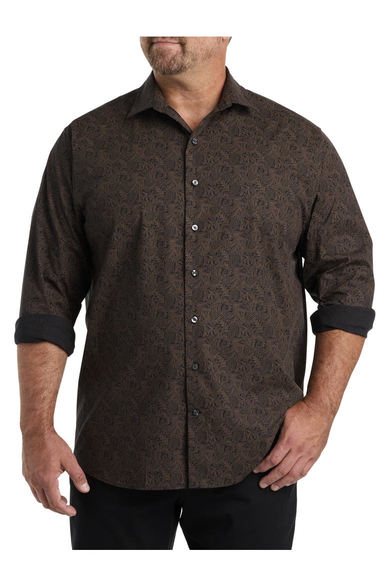 Big & Tall Paisley Print Sport Shirt, Main, color, BLACK BROWN