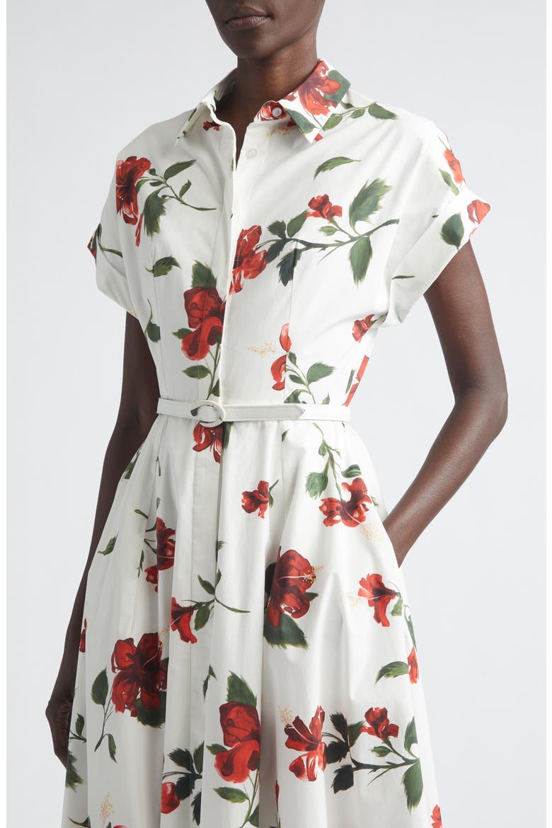 Chiné Hibiscus Cotton Stretch Poplin Midi Shirtdress, Alternate, color, RED/ WHITE