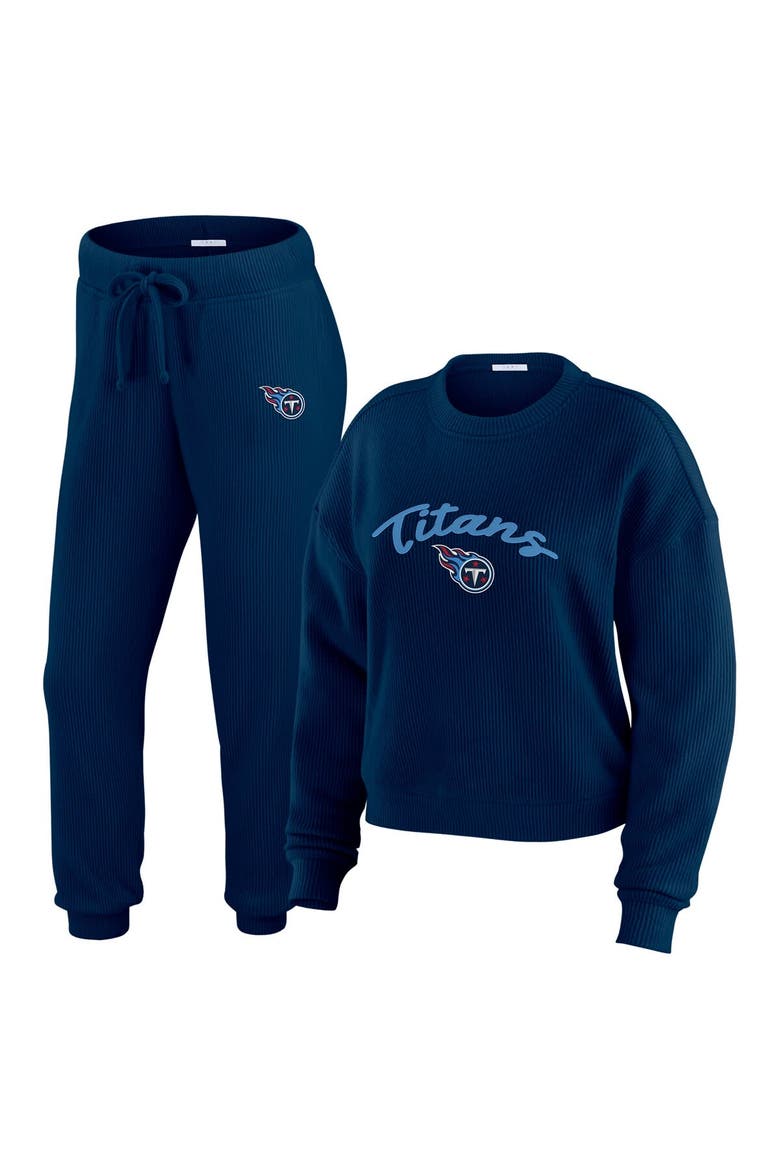 Women's WEAR by Erin Andrews  Cream Tennessee Titans Knitted Tri-Blend Long Sleeve T-Shirt & Pants Lounge Set, Main, color, Navy