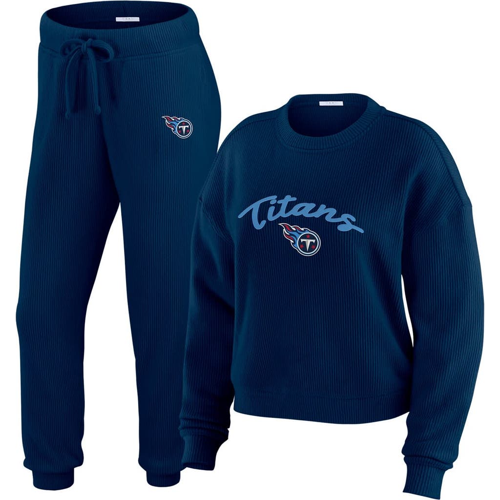 Wear By Erin Andrews Cream Tennessee Titans Knitted Tri-blend Long Sleeve T-shirt & Pants Lounge Se In Blue
