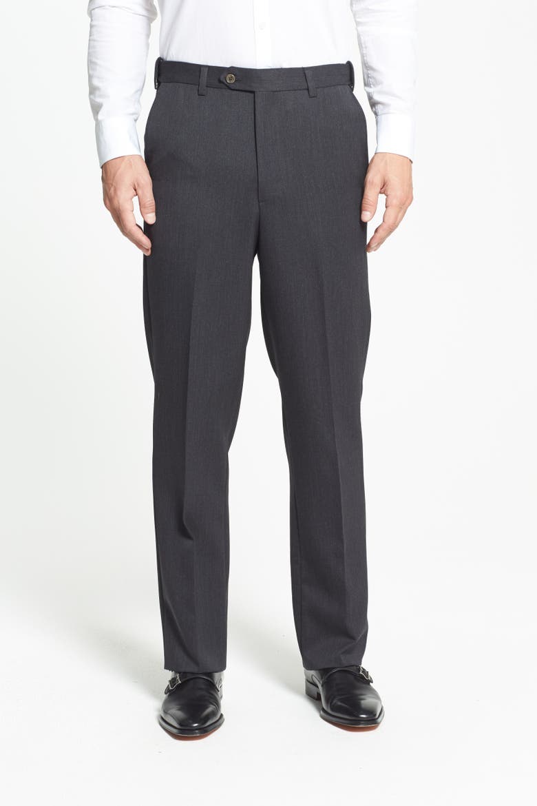 Self Sizer Waist Flat Front Classic Fit Wool Gabardine Trousers, Alternate, color, CHARCOAL