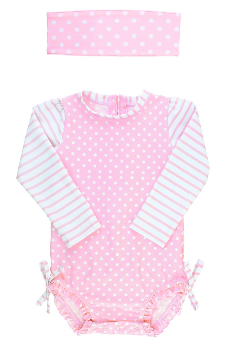 RuffleButts One-Piece Rashguard Swimsuit & Headband Set, Main, color, 