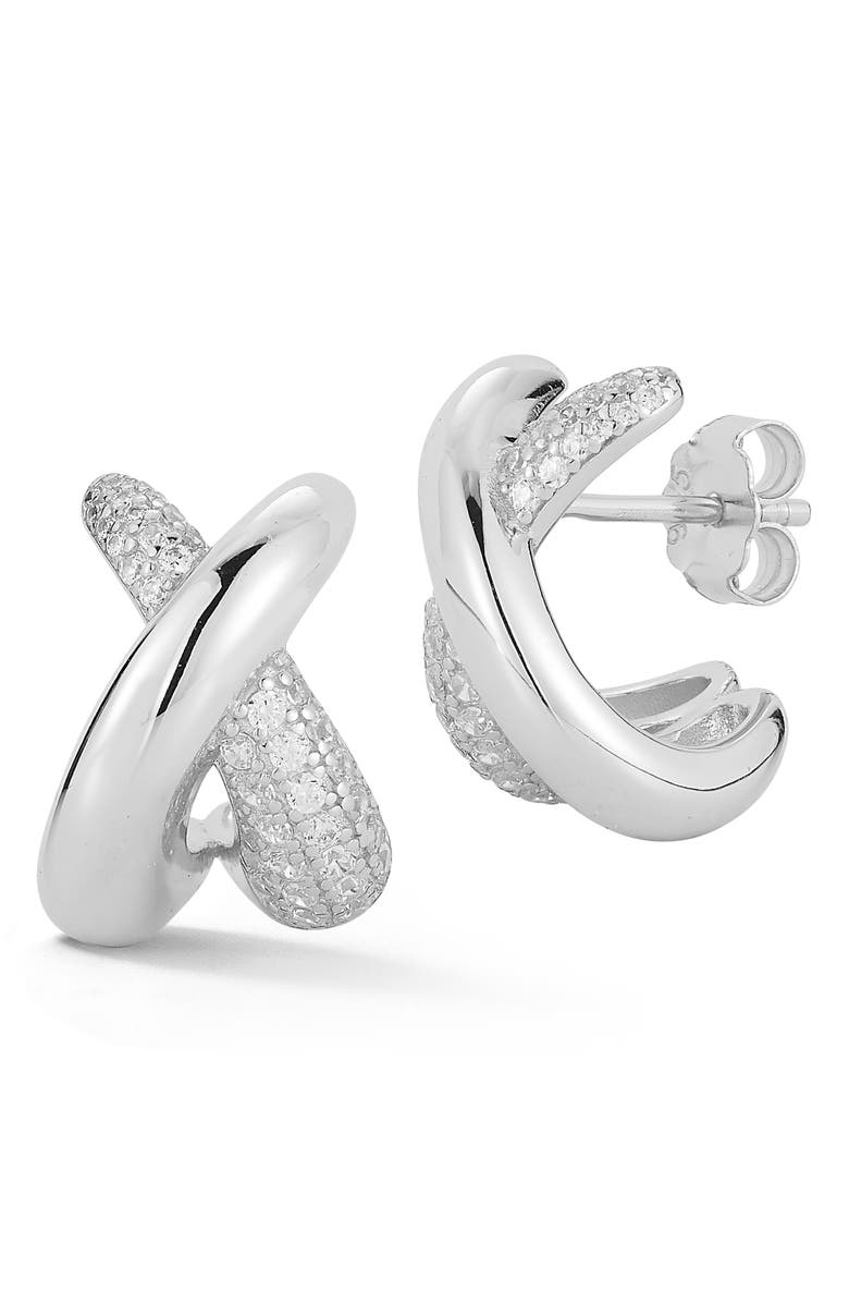 GLAZE JEWELRY 'X' Cubic Zirconia Crossover Stud Earrings, Main, color, Silver