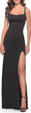 La Femme Simple Chic Long Jersey Gown with Square Neckline