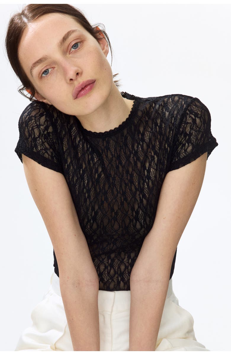 H&M Lace-look jersey thong bodysuit, Main, color, Black