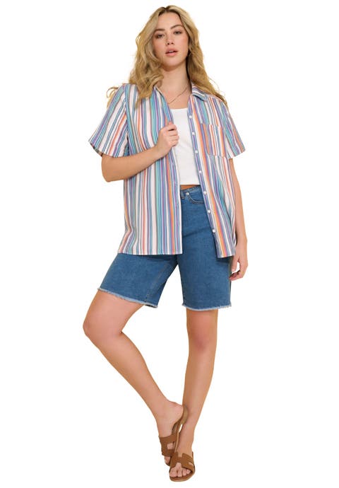 Plus Size Linen Blend Short Sleeve Button Front Shirt
