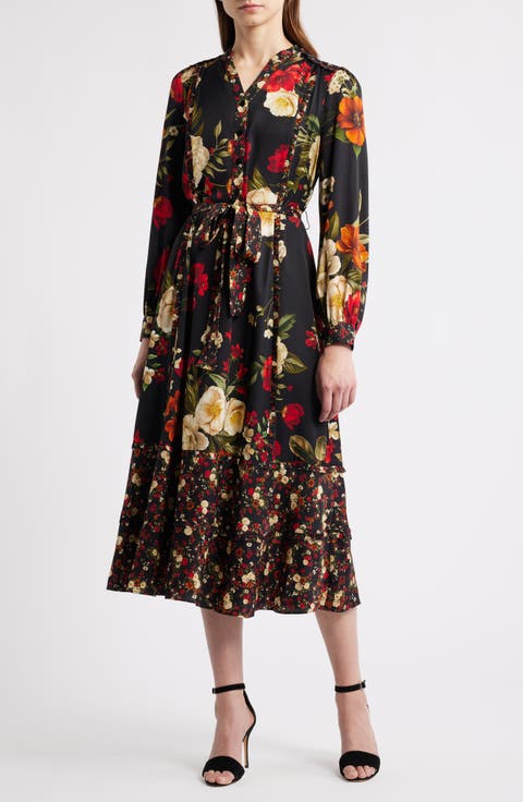 The Mila Floral Long Sleeve Stretch Silk Shirtdress