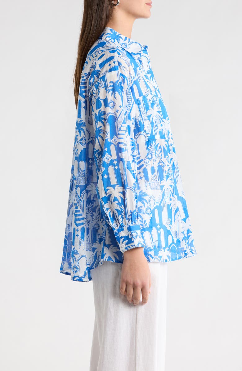 SUGARLIPS Nala Regie Print Cotton Button-Up Shirt, Alternate, color, White-Blue