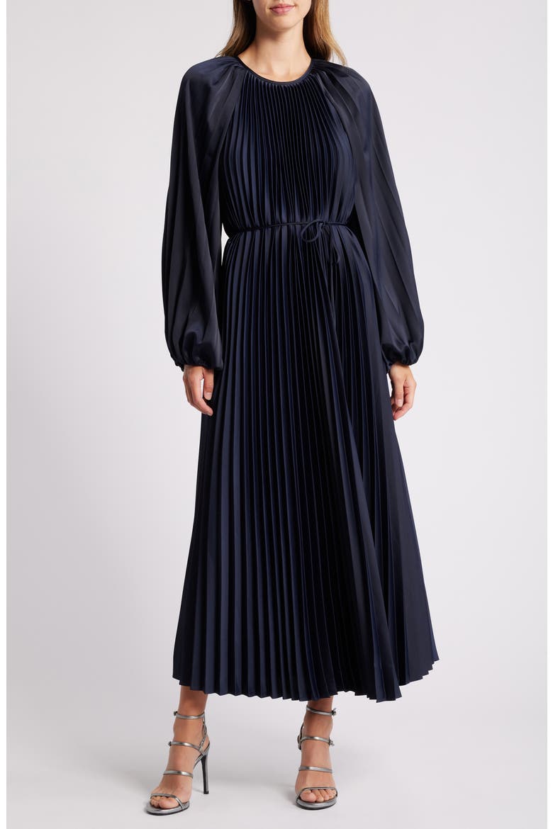Pleated Long Sleeve Midi Dress, Main, color, NAVY